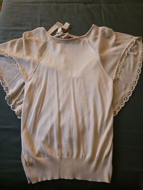 Valentino Light Beige Lace-Trim Flutter Sleeve Top